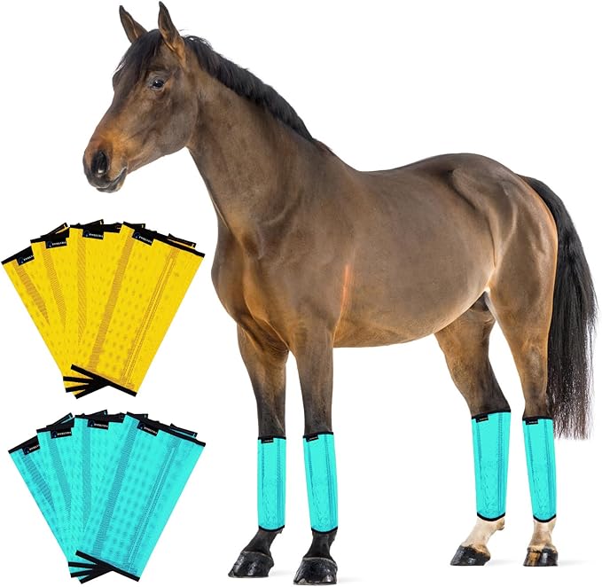FOXLVDA Horse Fly Boots - Fly Boots for Horses Set of 8, Comfortable Horse Leggings, Mesh Material Design with Metal Support Bars for Reduces Stomping & Leg Fatigue (Green-Yellow, Large)
