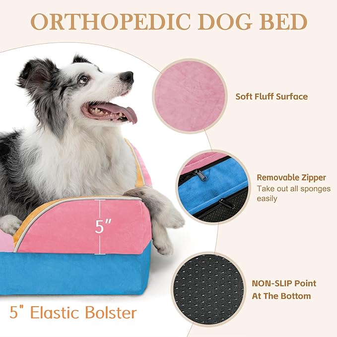 Comfort Expression Orthopedic Dog Bed for Extra Large Dogs 45x35 Inch, Waterproof Egg Crate Foam XL Pet Bed with Removable Bolsters, Dog Couch with Washable Cover & Non-Slip Bottom, Bubblegum Cove