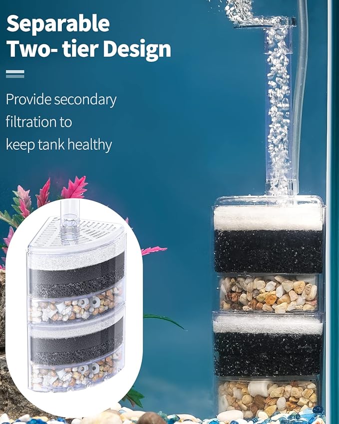 Pawfly Aquarium Corner Sponge Filter Quiet Small Fish Bio Foam Filter with Natural Stones Gravels and Ceramic Rings for Betta Fry Shrimp Fish Tanks up to 50 Gallons (Air Pump Not Included)