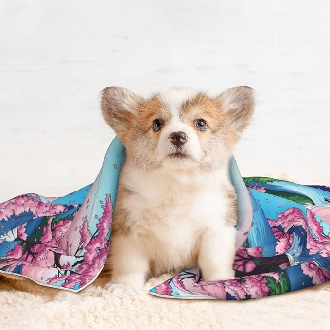 Two Sided Plush Pet Blanket for Warmth Comfort, Hokusai Japan Ink Cherry Flower Mount Fuji Painting, Reversible Throw with Cozy Nubby Side for Chilly Nights Napping Spots Around House