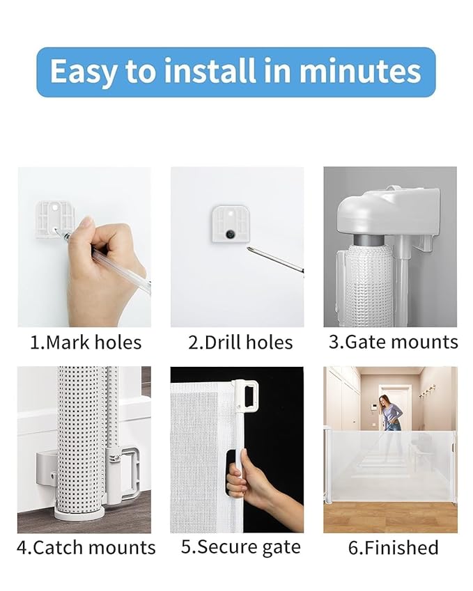 Retractable Baby Gate for Doorways and Stairs, Mesh Safety Gate for Pet, Indoor & Outdoor Use, One-Hand Operation, Easy Installation, 33.6" Tall, Expands to 71" Wide（White,33.6"x71"）