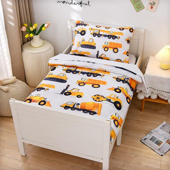 NTBED 4 Pieces Construction Toddler Bedding Set for Baby Boys, Truck Vehicles Excavator Cars Printed, Includes Comforter, Flat Sheet, Fitted Sheet and Pillowcase,White