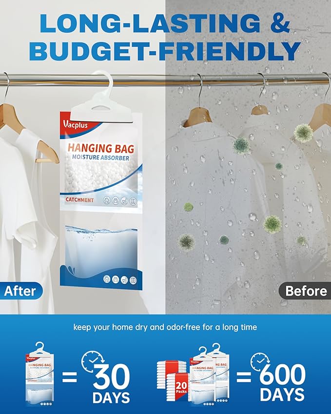 Vacplus Moisture Absorbers Packets, Fragrance Free 20 Pack, Humidity Packs, Dessicant Packets, Hanging Closet Dehumidifier Bags, Odor Eliminator for Bathroom 9.8OZ
