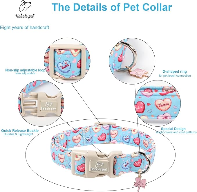 Valentines Dog Collar for Small Dogs - Valentine Candy Hearts Dog Collars, Love Boy Girl Dogs Collars, Lightweight Adjustable Cute Blue Puppy Collar with Quick-Release Buckle XS