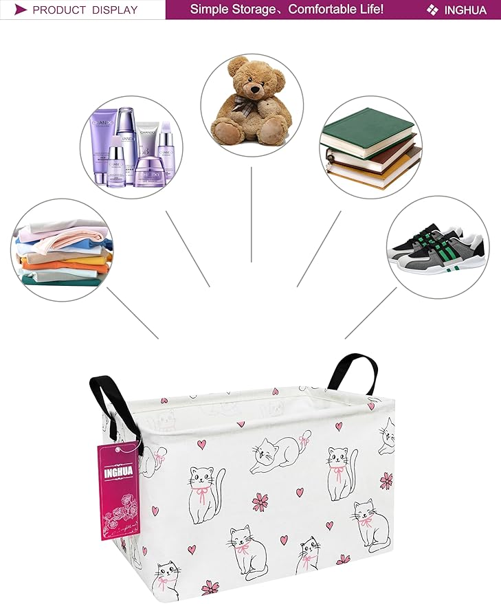 Rectangular Storage Basket Fabric Organizer Bin for Toys,Books,Clothes,Gifts,Pets-Perfect for Home,Office,Nursery,Dorm,Shelf(Rec-Love cat )