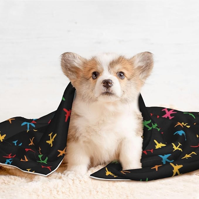 Pet Blanket for Car Rides Vet Visits, Colorful Aircraft Airplane Black, Two Sided Reversible Plush Design with Bumpy Dot Side Offers Comfort Home Piece On Go Travel
