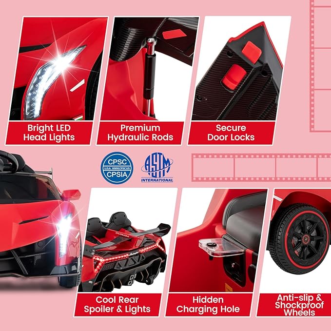 Costzon Ride on Car, Lamborghini Licensed 12V Battery Powered 4WD Sports Car with Remote Control, 3 Speeds, Hydraulic Doors, LED Lights, Towing Wheel, Horn, Music, Electric Vehicle for Kids Aged 3-8