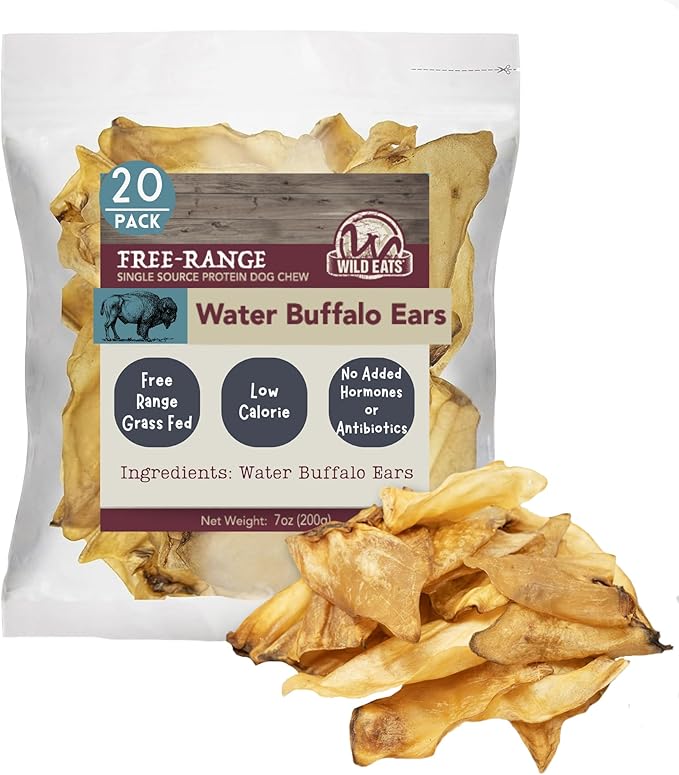 Wild Eats Water Buffalo All Natural Ear Dog Chews, Single Ingredient Dog Treats - 20 Count (Grain Free Treats - Great Alternative to Pig Ears, Cow Ears, Bones & Rawhides)