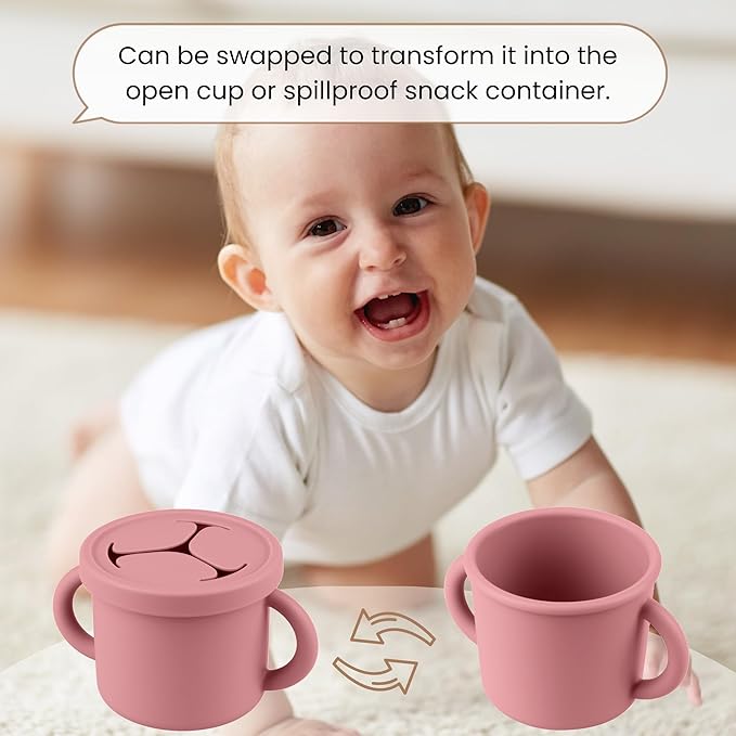 Snack Containers for Toddlers, Kids - 2 Pack Food Grade Silicone Snack Cups with Grip Handle (Blush/Mauve)