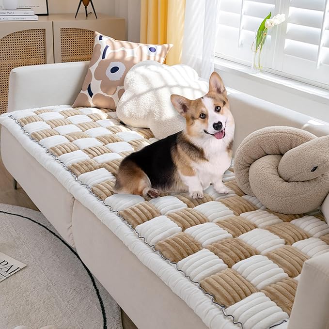 FunnyFuzzy Cream-Coloured Plaid Square Pet Mat Bed Couch Cover, Winter Thickened Dog Bed Cover Pet Blanket Sofa Couch Furniture Protector for Kids Dog Cat(Size:27.6 * 82.7 in,Color:Brown)