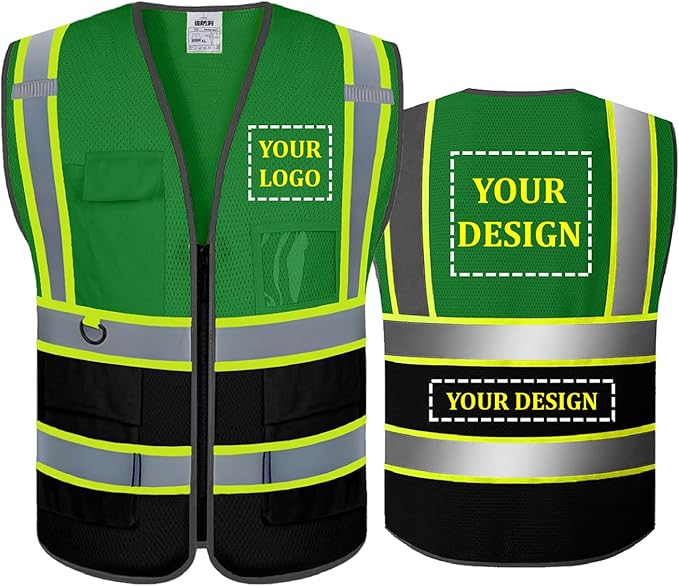 BeautyWill Custom Safety Vest Customized Logo Mesh Vest Class2 High Visibility Reflective Vest with Pockets Workwear（Green Black，M ）