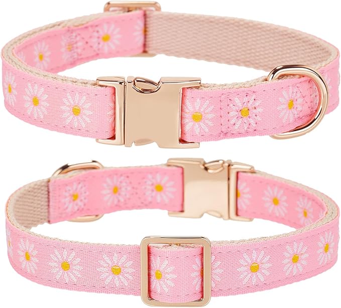 Woven Dog Collar with Metal Buckle Adjustable Jacquard Retro Dog Collars for Small Medium Large Dogs(Pink Daisy,M)