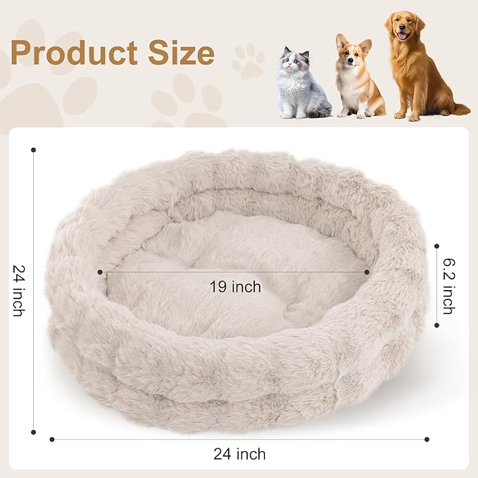 Cat Beds for Indoor Cats, Washable Round Beds for Small Dog and Cats, Soft Plush Faux Fur Removable Pet Bed for Puppy and Kitten, 24"x24"x7"