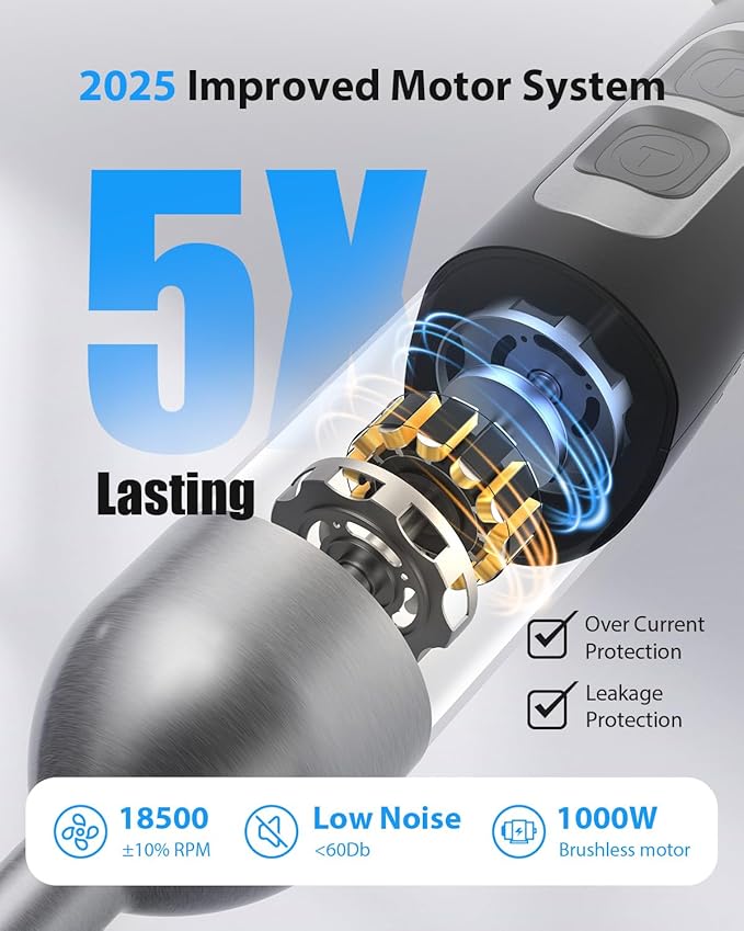 1000W Powerful Immersion Blender Handheld, 2025 New Update Hand Blender with 25-Speed and Heavy-Duty Copper Motor, 4 in 1 Hand Mixer with Chopper, Whisk, Beaker and Wand Silver
