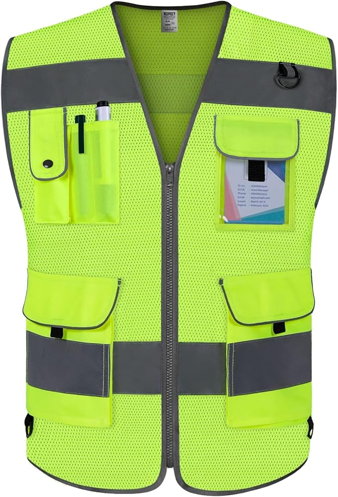 TCCFCCT Mesh High Visibility Vest 9 Pockets Hi Vis Reflective Safety Vest for Men Women, Construction Vest with Reflective Strips, Meets ANSI/ISEA Standards, (Yellow, Small)