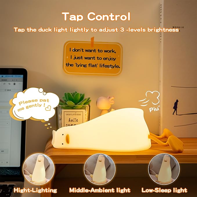 Lying Flat Duck Silicone Night Light, Cute Ducky Lamp with Gifts,Squishy Animal Nursery Nightlight, Dimmable/Rechargeable Portable Bedside Touch Lamp for Breastfeeding,Baby Adults Kids Room Decor
