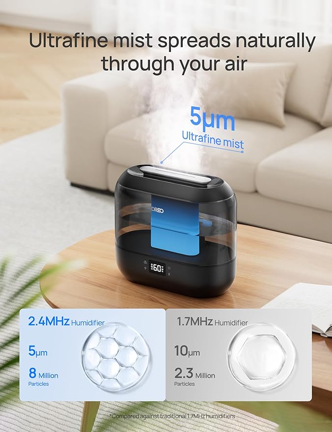 Dreo Humidifiers for Bedroom, Top Fill 4L Smart Cool Mist Humidifier with Oil Diffuser, Cartridge, Nightlight, 36H Runtime, Quiet Ultrasonic Humidifiers for Home, Baby Nursery, Plants, Office, HM311S