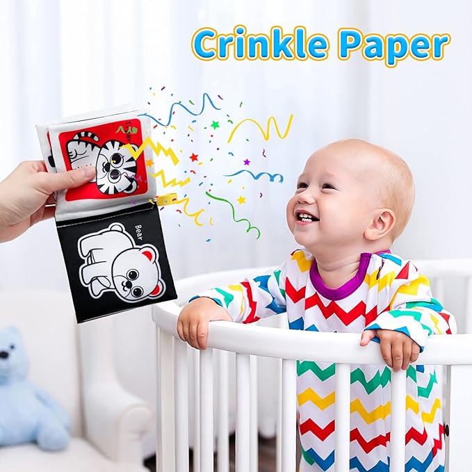 OKOOKO Soft Baby Books Black and White High Contrast 12PCS Soft Cloth Books Bath Books Crinkle Washable Non-Toxic Early Education Preschool Learning Toy for Newborns Babies Infants Toddlers Kids