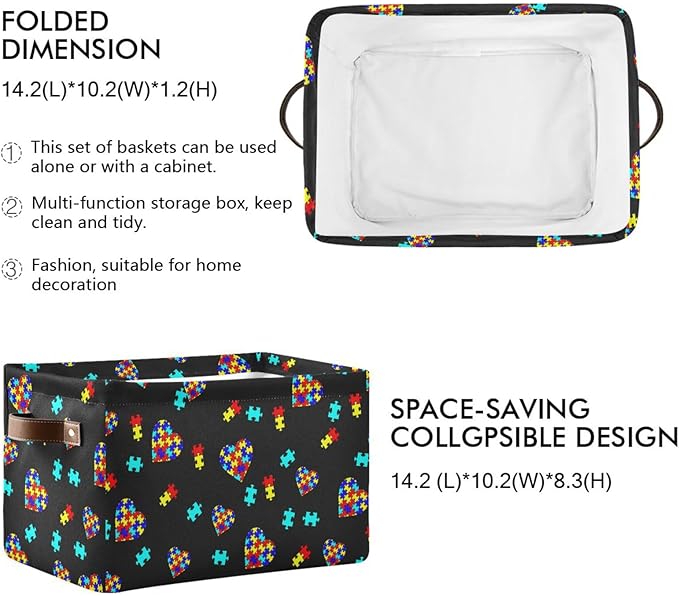 Multicolor Storage Basket Bin Autism Awareness Puzzle Pieces Heart Organizer Collapsible Shelf Cube with Handle for Nursery Bedroom Bathroom