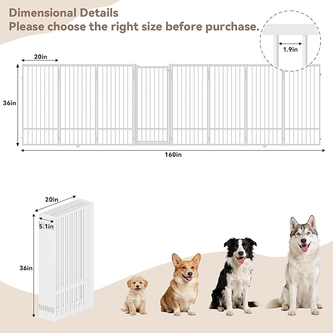 Full Metal Freestanding Dog Gate with Door, 36''Height Foldable Pet Dog Fence for Indoor & Outdoor, 8 Panels Extra Wide Free Standing TallDog Gates for Doorways,House,Stairs,Porch,Deck,Yard