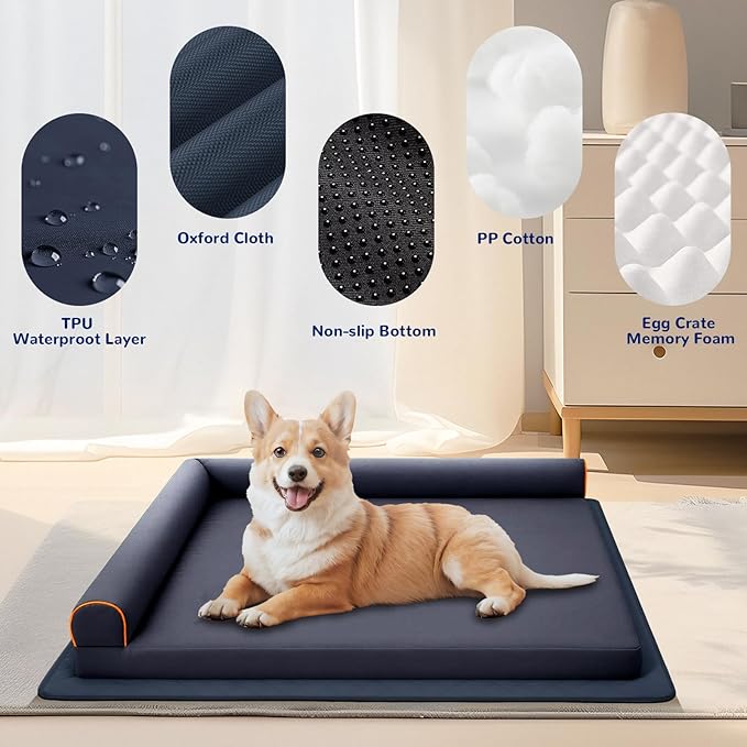 Dog Bed XL Indestructible Waterproof Big Dog Couch Orthopedic with Anti-Slip Mat, Memory Foam Pet Bed Washable (Blue)