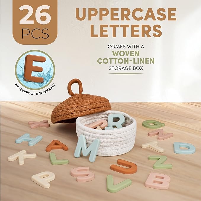 JoyCat Silicone Alphabet Magnetic Letters, 26 Uppercase ABC Fridge Magnets for Toddlers & Kids, Baby Learning Refrigerator Toy Set, Preschool Birthday Gifts for Boys Girls Age 1+ (Muted Color)
