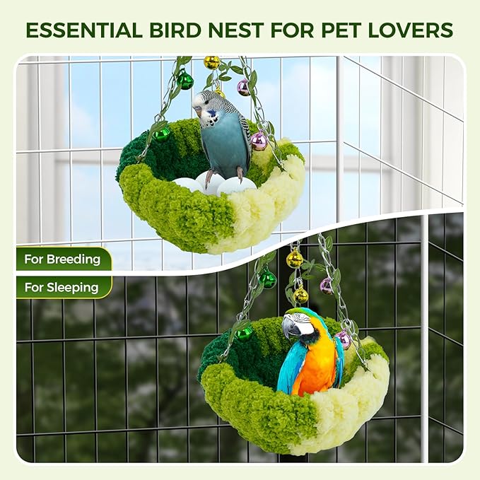 Bird Nest with Bell for Cage,Plush Hanging Bird Bed for Parakeet Indoor & Outdoor,Breeding Bird House for Conure,Budgie,Cockatiel,Lovebird,Canary,Finch,Hamster,Small Pets,Warm Nest,Green S