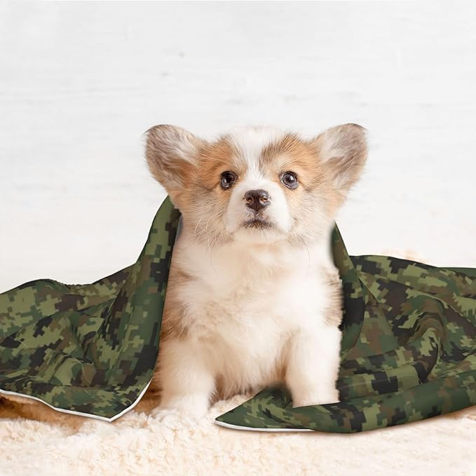 Reversible Plush Dot Pet Blanket for Dogs and Cats, Camo Camouflage Hunting Green, Ultra Soft Two Sided Design with Warm Fuzzy Side and Smooth Side for Comfort