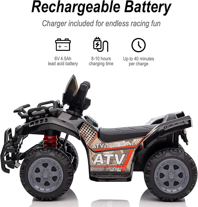 Kids ATV 4 Wheeler, 6V Ride-On Toy for Toddlers 1-3 Boys & Girls with Music, Forward & Reverse - Black