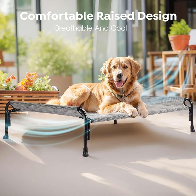 Veehoo Outdoor Elevated Dog Bed, Raised Dog Cot for Large Dogs, Cooling Washable Waterproof Pet Hammock Beds with Slope Headrest, Breathable Mesh and Sturdy Frame, Large, Black Silver, CWC2204