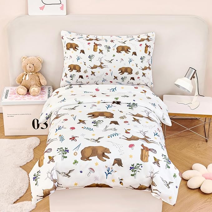 PERFEMET Kids Comforter Sets Twin 4 Pieces Cartoon Woodland Animal Print Bedding for Boys Girls Soft Reversible Bear Deer Forest Theme Children Bedroom Set with Sheets for All Season Use