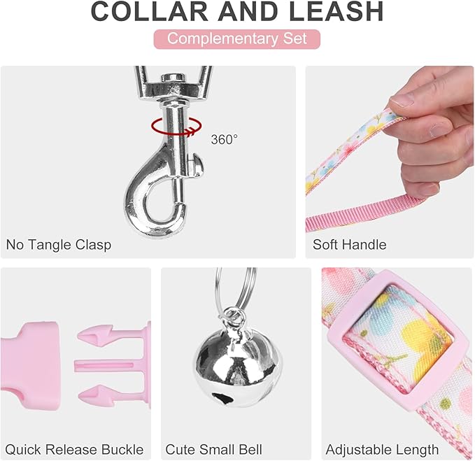 EXPAWLORER Small Dog Harness and Leash Set - Cute Puppy Harness Leash Dog Collar with AirTag Holder Silicone Case, Soft Padded Step in Pet Vest Reflective for Outdoor Walking, Floral S