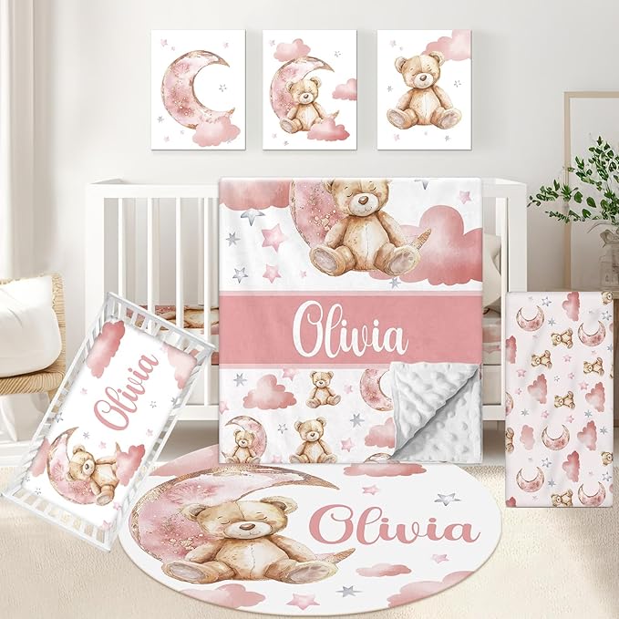 Custom Baby Crib Set, 5 Pcs Personalized Name Pink Bear Theme for Infants Toddlers, Nursery Bedding for Girls, Double Layer Customized Gifts