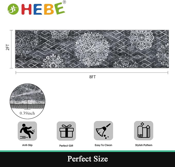HEBE Hallway Runner Rug 2'x8' Washable Vintage Distressed Area Rugs Non Slip