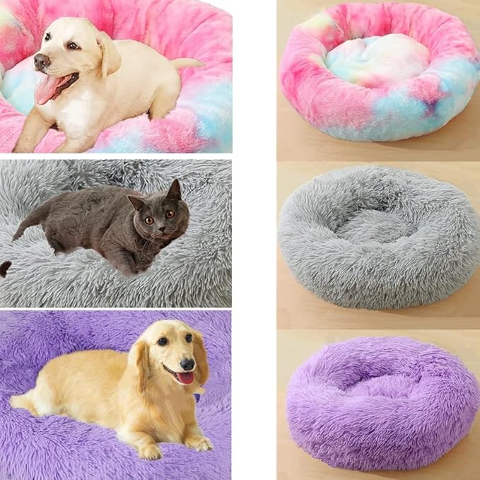 Calming Donut Dog & Cat Bed, 36 Inch Round Fluffy Dog Beds for Small Medium Large Dogs and Cats Anti-Anxiety, Puppy Bed, Washable Round Cozy Soft Pet Bed (Purple)