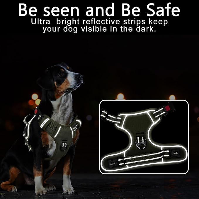 Timos Dog Harness Large Sized, No Pull Pet Harness with Neck Lockable Snap,No Choke Front Clip Dog Reflective Vest,Adjustable Metal Rings 3 Buckles,Easy Control Handle for Large Dogs Green L