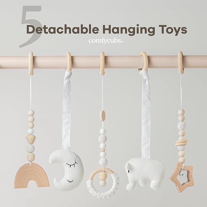 Comfy Cubs Wooden Baby Play Gym - Natural Finish Pinewood Baby Activity Gym with 5 Sensory Hanging Toys - Easy No-Tool Assembly, Safe and Durable for Infant Motor and Visual Development - Blush