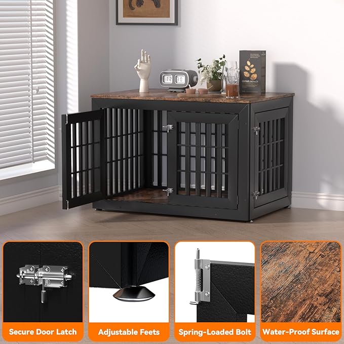 42" Heavy Duty Dog Crate Furniture for Small,Medium and Large Dogs,Rustic Wooden Dog Cage Kennel Indoor Furniture with Waterproof Top,Decorative Pet House Side End Table (Black & Wood)