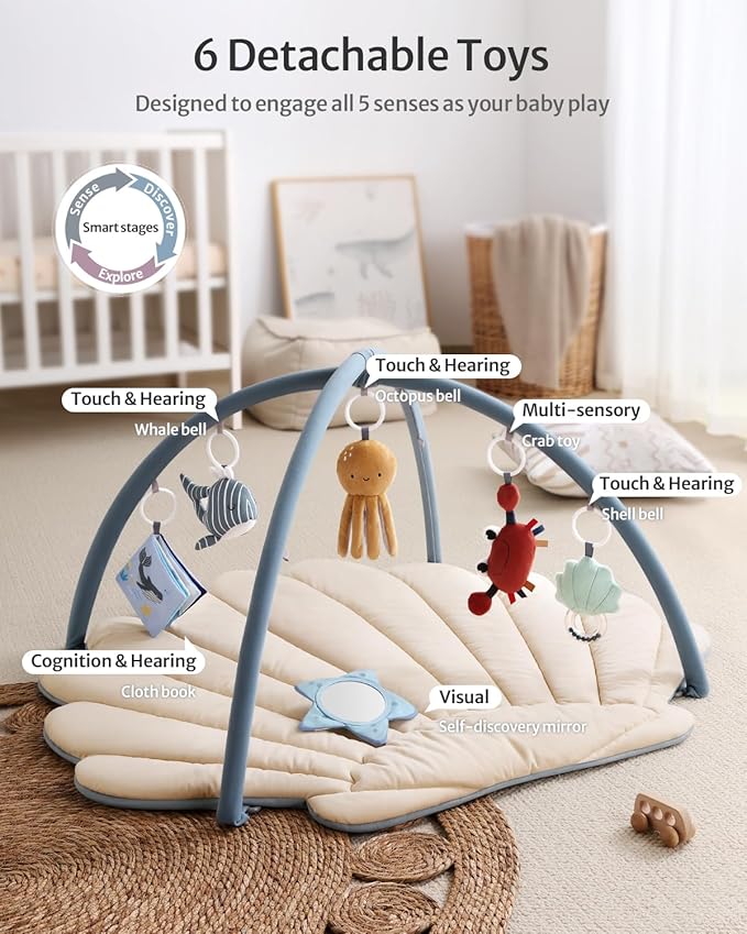 Blissful Diary Shell Baby Play Gym Mat, Softer & Enlarged Tummy Time Mat w 6 Detachable Toys for Sensory & Motor Skill Development, Activity Mat for Newborn Essentials Shower Gift, Boho Ocean Theme