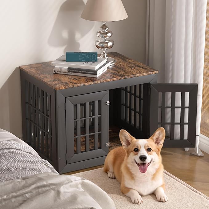 32" Heavy Duty Dog Crate Furniture for Small,Medium and Large Dogs,Rustic Wooden Dog Cage Kennel Indoor Furniture with Waterproof Top,Decorative Pet House Side End Table (Black & Wood)