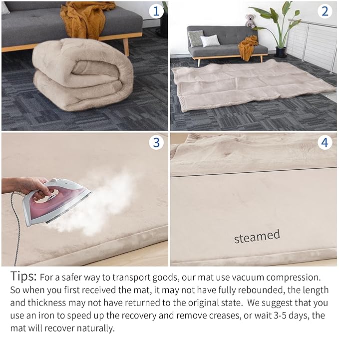 Play Mat for Babies Toddlers,1.3" Thick Elasti-Foam Anti-Fall Cushion Mat for Kids Room,28×72 Bedroom Bedside Rugs,Water-Repellent Soft Coral Velvet,Non-Slip(Beige)