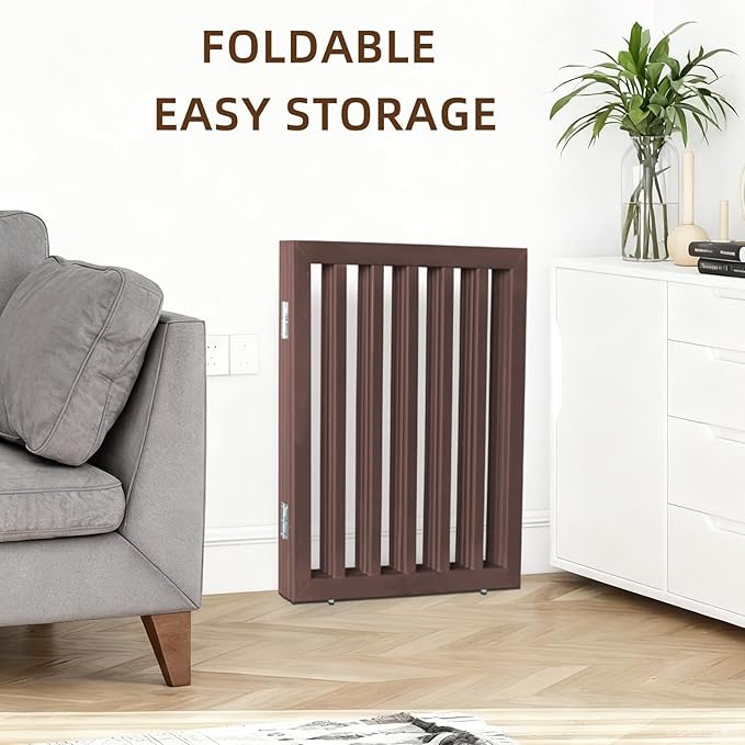 ZJSF Freestanding Indoor Dog Gate for House Foldable Wood Brown Puppy Gate for Doorways Pet Gate for Stairs Extra Wide Pet Fence 32" Height 6 Panels