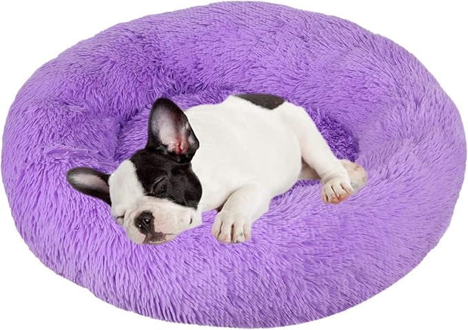 huraty Plush Calming Dog Bed, Faux Fur Donut Cuddler Bed for Cats, Anti-Skid & Anti-Anxiety, 20 Inch for Puppy and Kitties, Lilac, S
