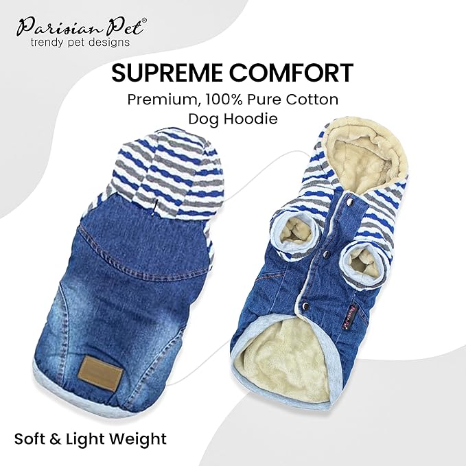 Parisian Pet Basic Dog Hoodie - Lightweight Denim Striped Sweatshirt - Pullover with Leash Hole and Pockets - Blue Cotton Dog Clothes - 2XL