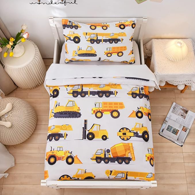 NTBED 4 Pieces Construction Toddler Bedding Set for Baby Boys, Truck Vehicles Excavator Cars Printed, Includes Comforter, Flat Sheet, Fitted Sheet and Pillowcase,White