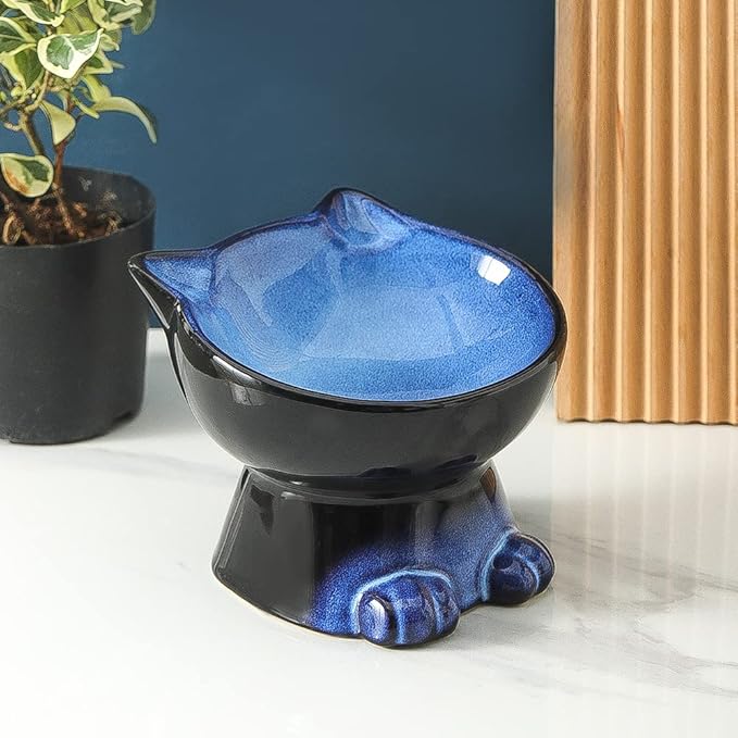 Nihow Slanted Elevated Cat Bowls: 6.25 Inch Ceramic Raised Cat Food Bowl for Protecting Pet's Spine - Microwave & Dishwasher Safe -Elegant Blue & Black (6.8 OZ /1 PC)