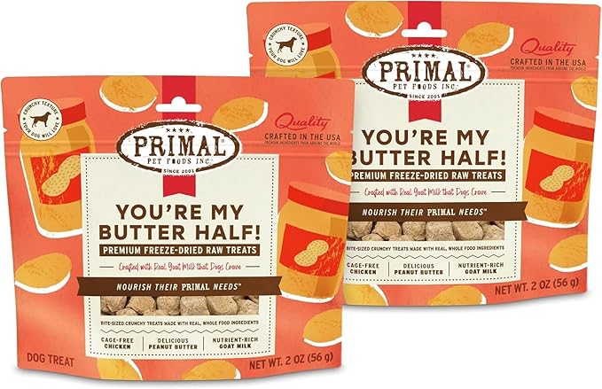 Primal Freeze Dried Dog Treats, You're My Butter Half; Chicken & Peanut Butter with Goat Milk, Grain Free Training Treats for Dogs, 2 oz (Pack of 2)