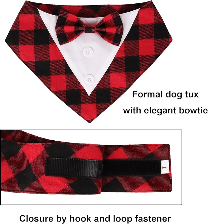 ADOGGYGO Christmas Dog Tuxedo Bandana, Red Plaid Xmas Pet Bowtie Collar, Adjustable Christmas Costumes for Extra Large Dogs (XL)