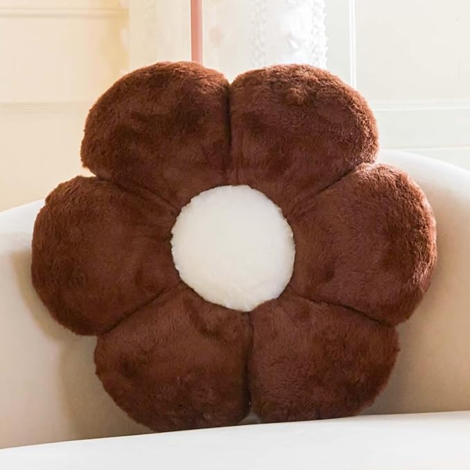 Brown Flower Pillow, 17.7" Flower Shaped Plush Decorative Throw Pillow for Bed