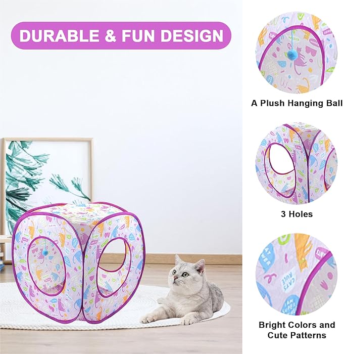 Foldable Cat Hideout Playhouse - Cat Cave Tent with 3 Holes for Indoor and Outdoor Kittens Cats Puppies Rabbit Hidden Bed Toys
